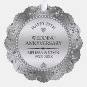 光沢のある銀の渦巻きフレーム結婚25th オーナメントカード (裏面)