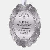 光沢のある銀の渦巻きフレーム結婚25th オーナメントカード (左)