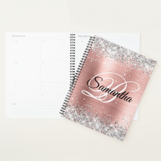 光沢のある銀フェイクグリッター赤面バラ箔モノグラム プランナー手帳 (ディスプレー)