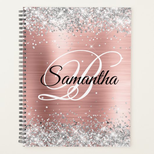 光沢のある銀フェイクグリッター赤面バラ箔モノグラム プランナー手帳 (正面)