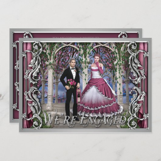 光沢のある銀結婚ファンタジークラシカル婚約 招待状 (正面/裏面)