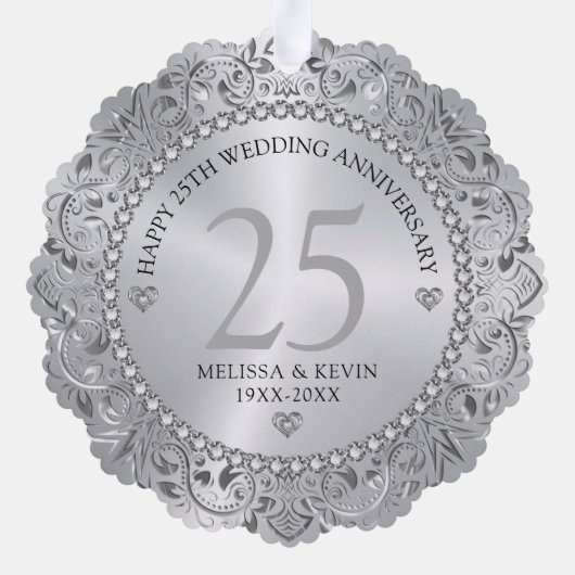光沢のある銀色の渦巻き円形フレーム結婚25th オーナメントカード (裏面)