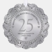 光沢のある銀色の渦巻き円形フレーム結婚25th オーナメントカード (正面)
