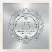 光沢のある銀色の渦巻き円形フレーム結婚25th ガラスコースター (正面)