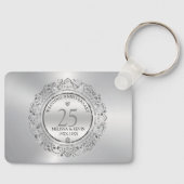 光沢のある銀色の渦巻き円形フレーム結婚25th キーホルダー (正面)