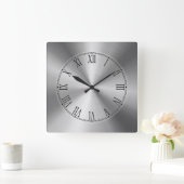光沢のある銀金属デザイン – ステンレス鋼の外観 スクエア壁時計 (ホーム)