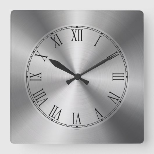 光沢のある銀金属デザイン – ステンレス鋼の外観 スクエア壁時計 (正面)