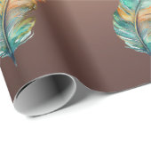 光沢のある銅色の紙にオレンジ色と緑の羽根の飾り ラッピングペーパー (ロールコーナー)