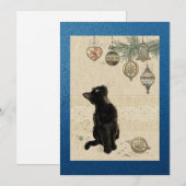 光沢のある青いビンテージの黒猫がオーナメントを見ている シーズンカード (正面/裏面)