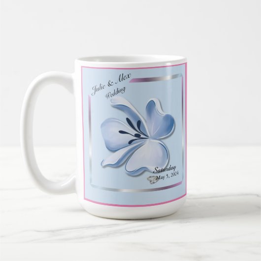 光沢のある青結婚い花 コーヒーマグカップ (左)