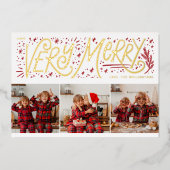 光沢のある非常メリーに手のレタリング3写真クリスマス 箔シーズンカード (正面)