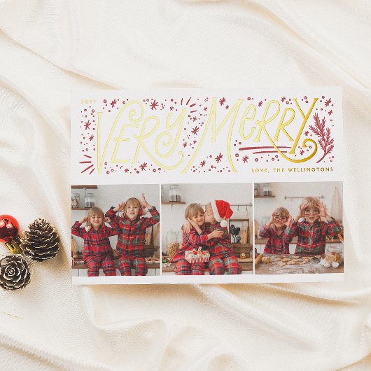 光沢のある非常メリーに手のレタリング3写真クリスマス 箔シーズンカード