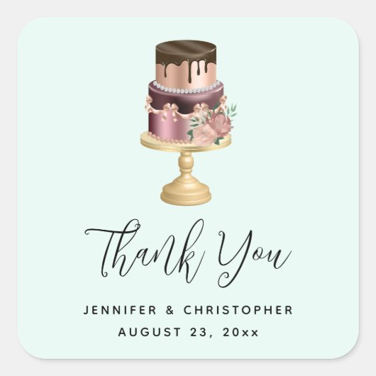 光沢のある高級パーティー結婚ケーキありがとう スクエアシール (正面)