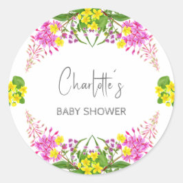 光沢のある黄色のピンクのワイルドフラワースクリプト ラウンドシール