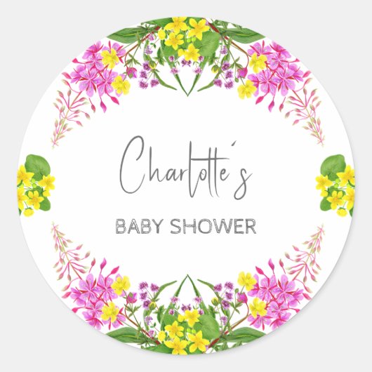 光沢のある黄色のピンクのワイルドフラワースクリプト ラウンドシール (正面)