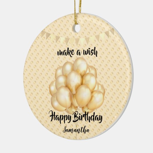 光沢のある黄金のバルーンとドット、希望の誕生日を作成 セラミックオーナメント (左)