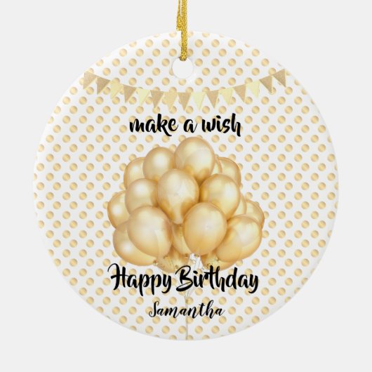 光沢のある黄金のバルーンとドット、希望の誕生日を作成 セラミックオーナメント (裏面)