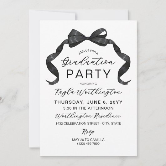 光沢のある黒いリボン弓アーチ写真卒業 招待状 (裏面)