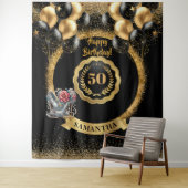 光沢のある黒い金ゴールドシルバー50誕生日背景 タペストリー (インサイチュ)
