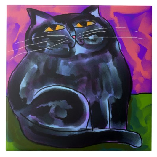 光沢のある黒猫抽象芸術デジ絵画タル タイル (正面)