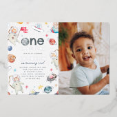 光沢のある1つの小さなステップ宇宙1st誕生日の写真 箔招待状 (正面)