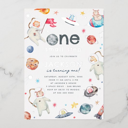 光沢のある1つの小さなステップ宇宙1st誕生日パーティー 箔招待状 (正面)