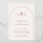 光沢のあるBohoミニマルフローラアーチ結婚写真 箔招待状 (正面)