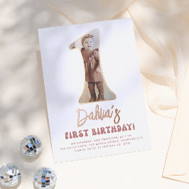 光沢のあるGroovyワンレトロピンク写真1歳の誕生日 箔招待状