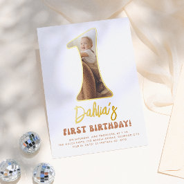 光沢のあるGroovy One Boho 70s写真1st誕生日パーティー 箔招待状