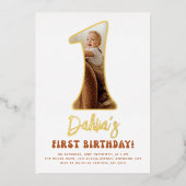 光沢のあるGroovy One Boho 70s写真1st誕生日パーティー 箔招待状 (正面)