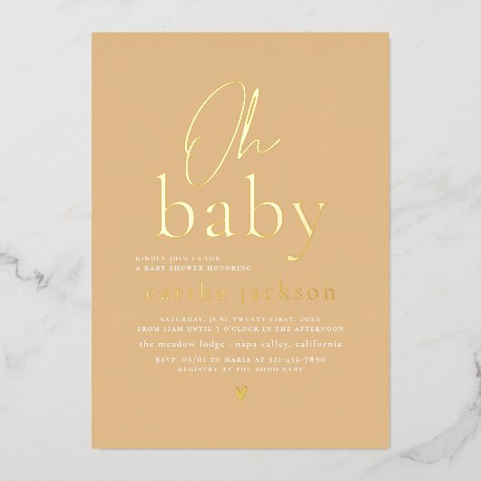 光沢のあるOhベビーGroovy黄色のフローラ赤ちゃんシャワー 箔招待状 (正面)