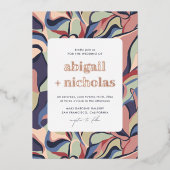 光沢はっきりしたカラフル抽象芸術フローラ結婚レトロ 箔招待状 (正面)