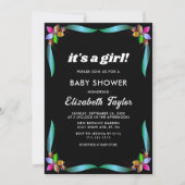 光沢エレガントのある黒のフローラモダン女の子ベビーシャワー 招待状 (正面)