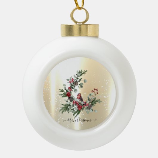 光沢エレガントフェイク金ゴールド、リース赤(鳥)ショウジョウコウカンチョウ セラミックボールオーナメント (正面)