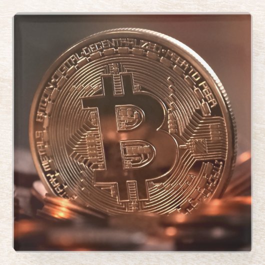 光沢カッコいいのあるBitcoinのスタック ガラスコースター (正面)