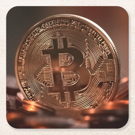 光沢カッコいいのあるBitcoinのスタック スクエアペーパーコースター (正面)