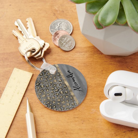 光沢グレーのキラキラ色ヒョウ印刷 キーホルダー (デスク)