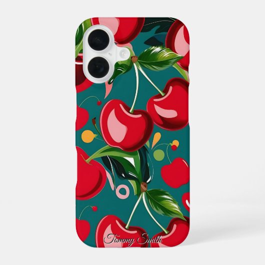 光沢チェリー&フラワーパターン iPhone 16ケース (裏面)