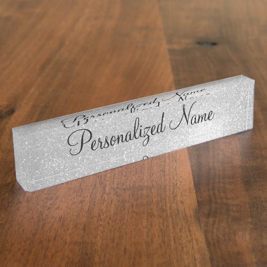光沢パーソナライズされたのある銀グリッターデスク表札 デスクネームプレート (側面)