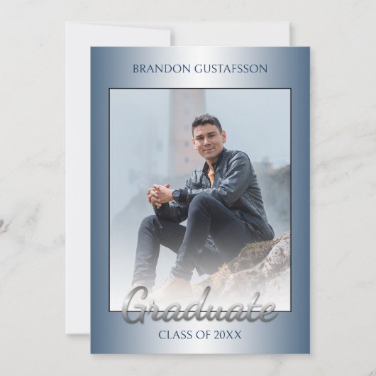 光沢フェイクのあるブルーシルバーグレー卒業 案内状 (正面)