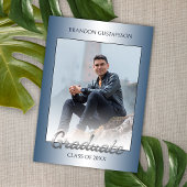 光沢フェイクのあるブルーシルバーグレー卒業 案内状