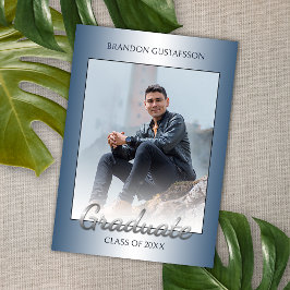 光沢フェイクのあるブルーシルバーグレー卒業 案内状