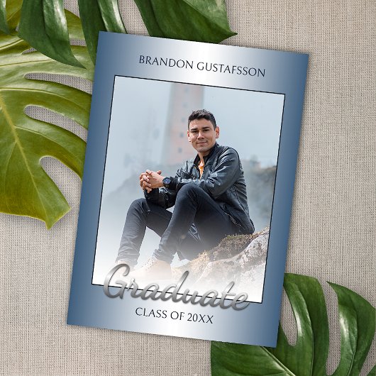 光沢フェイクのあるブルーシルバーグレー卒業 案内状