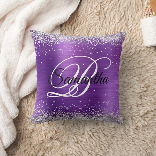 光沢フェイクのある銀グリッターアメジスト箔モノグラム クッション (ブランケット)