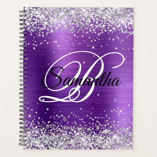 光沢フェイクのある銀グリッターアメジスト箔モノグラム プランナー手帳 (正面)