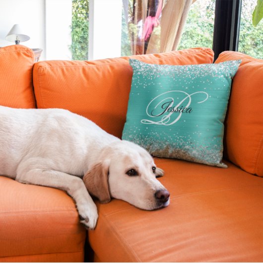 光沢フェイクのある銀グリッターターコイズ箔モノグラム クッション