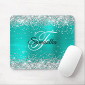 光沢フェイクのある銀グリッターターコイズ箔モノグラム マウスパッド (マウス)