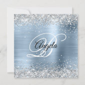 光沢フェイクのある銀グリッターブルー淡い色のフォイルモノグラム 招待状 (正面)