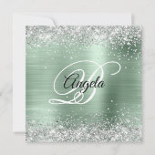 光沢フェイクのある銀グリッターミント淡い色のフォイルモノグラム 招待状 (正面)