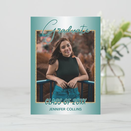 光沢フェイクティール(緑がかった色)グリーン金ゴールドグリッター卒業 案内状 (スタンド正面)